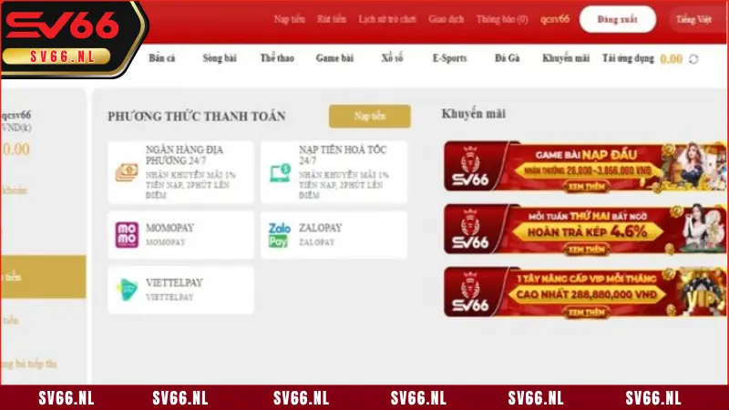 Nạp tiền vào tài khoản SV66
